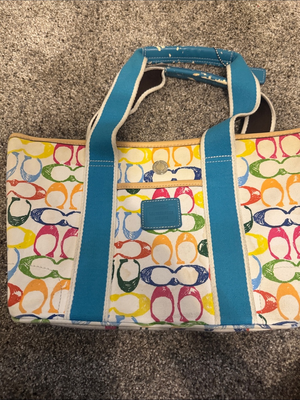 Multicolor Sunglasses Print Canvas Tote with Blue Straps